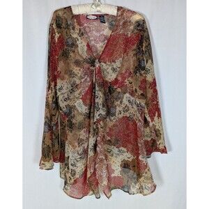 Zoey & Beth Blouse 3X Women's Floral Paisley Y2K Bell Sleeve Cold Shoulder Sheer